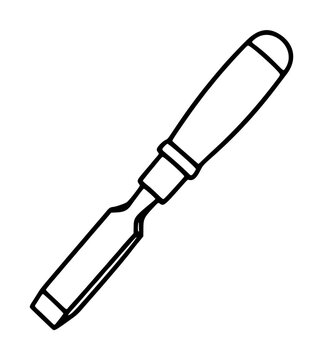 Hand traced vector illustration of a classic wood carving chisel tool with sharp blade and ergonomic wooden handle, simple black outline icon style, isolated on white background, perfect for crafts