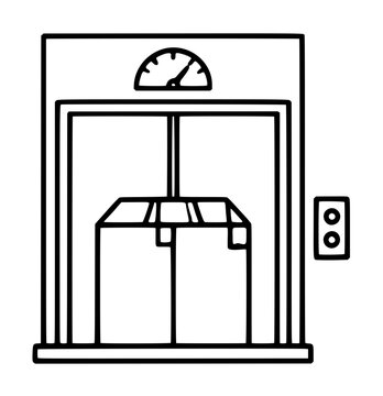 Hand-traced black outline vector icon illustrating a freight cargo elevator with closed doors, an overhead gauge dial, and an external control panel button station, simple industrial transportation