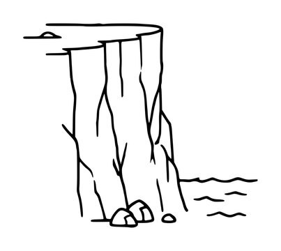 Hand-drawn cliff vector icon featuring a steep rocky seaside precipice illustrated in minimalist black line art style with boulders, ocean waves, and sea horizon for nature graphic resources