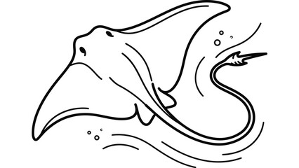 Minimalist black and white line art illustration of a stingray swimming. © RiyaIdea