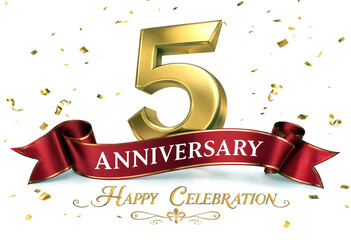 Naklejka premium Golden five number with red anniversary ribbon and confetti for happy celebration event design