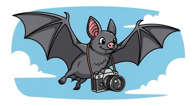 Cute Cartoon Bat Flying with a Camera, Capturing Moments in the Sky.