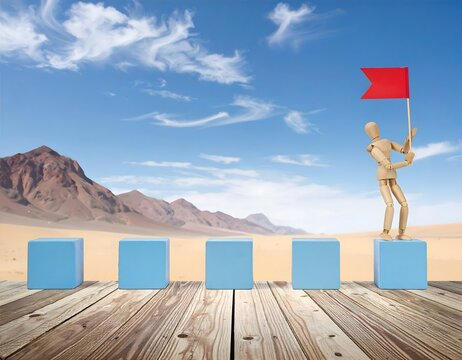 段階を経て掴んだ達成、赤い旗を振る人