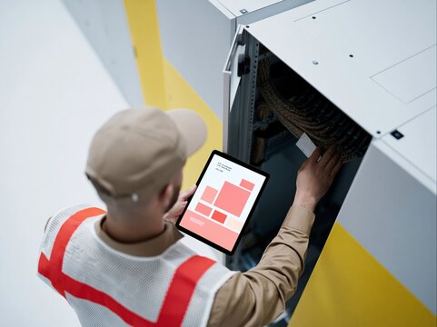 Technician in a reflective vest and cap working with patch cords in a server rack, featuring a tactile, functional atmosphere for network support and field service