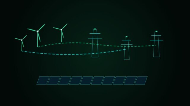 Renewable Green Energy Smart Grid with Wind Turbines Solar Panels and Power Conduits 4K