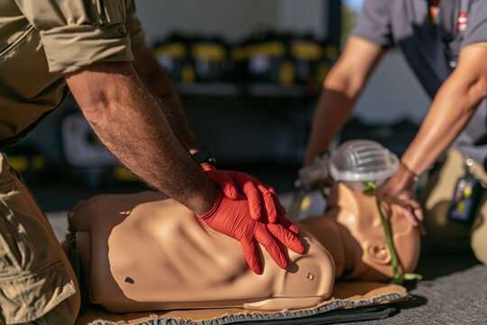 Red gloved hands performing chest compressions on a medical manikin, with a colleague providing ventilation in a professional training room for paramedic and first aid courses