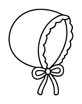 Hand-drawn line illustration of a classic baby bonnet with a decorative scalloped brim edge and a charming tied bow ribbon at the chin, vector icon style for nursery designs