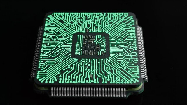 Computer Processor Chip with Glowing Green Circuit Board Patterns Isolated on a Deep Black Background