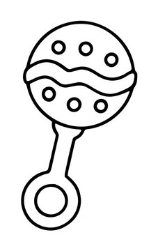 Hand-traced vector icon of a classic baby rattle toy featuring a round head with decorative dots and a wavy line pattern, perfect for nursery themes, infant care illustrations, and child designs.