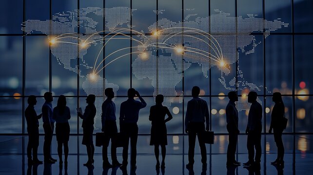 Global business network with connected world map and international team collaboration concept
