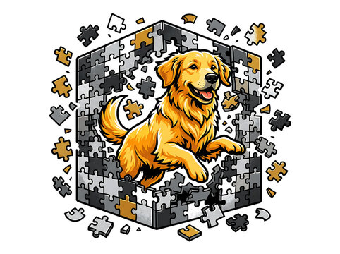 Golden retriever jumping out of shattered jigsaw puzzle cube on white background portrays complex problem solving success.