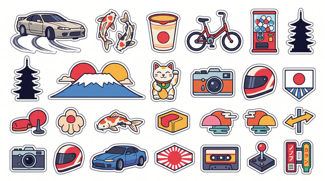 Japanese Pop Culture and Retro Aesthetic Sticker Pack featuring JDM Drift Car, Mount Fuji, Sushi, Koi Fish, Maneki Neko, Pagoda, Arcade Joystick, and Neon Signs. Vector Graphic Set for Japanese Style.