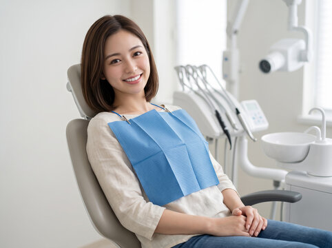 歯医者で診察を受けるボブヘアの女性