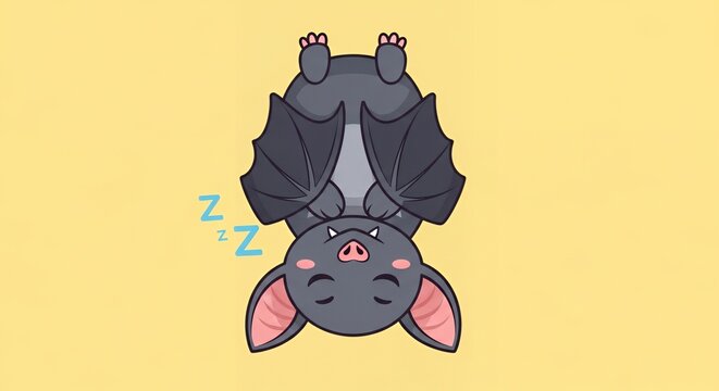 Cute Cartoon Bat Sleeping Upside Down on a Yellow Background with Zzz Symbol.