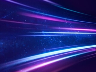 Vibrant light streaks dance across a deep purple sky. Blurred beams of blue and magenta streak forward with energy. Tiny sparkles scatter like cosmic dust in the dark © Issarawat Tattong