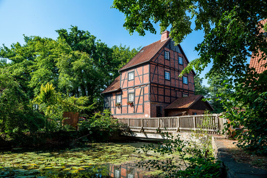 Klosterteich, Wienhausen, Niedersachsen, Deutschland, Wasserm&uuml;hle, Glockenturm St. Marien