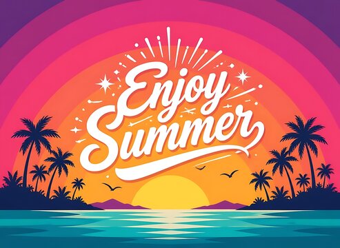 Retro summer beach sunset palm trees vector design background