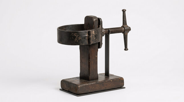Historical Spanish garrote execution device illustrated on a wooden base, isolated on white background, representing medieval punishment and criminal history