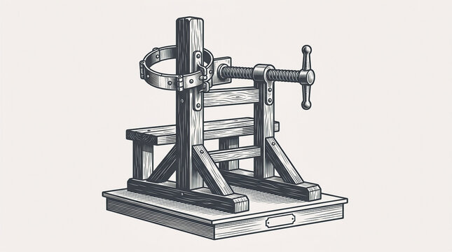 Historical Spanish garrote execution device illustrated on a wooden base, isolated on white background, representing medieval punishment and criminal history
