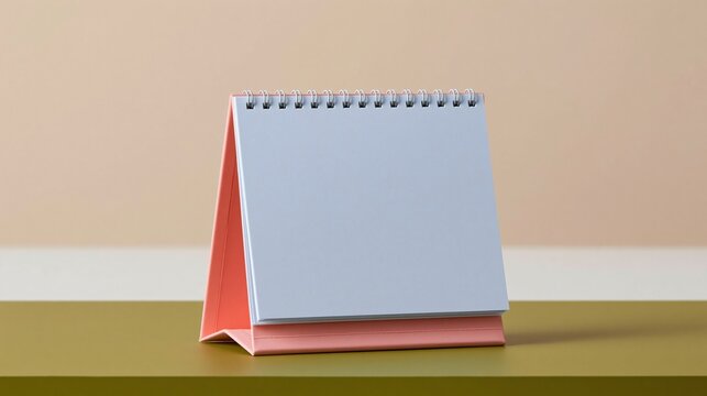 Desk calendar with a blank page standing on a green surface, featuring a clean minimalist design and copy space for business planning