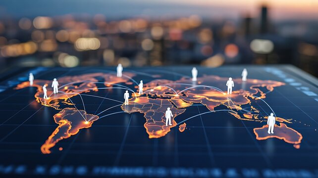 Global digital network connecting people and cities across world map