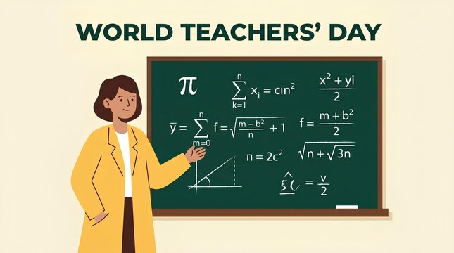 Female teacher standing by chalkboard with math equations for World Teachers Day
