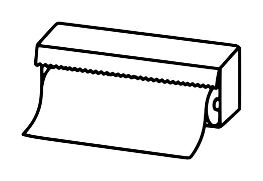 Minimalist black and white vector icon illustration of a kitchen baking parchment paper dispenser box with a serrated cutting edge and a roll of paper being pulled out for cooking and food prep.
