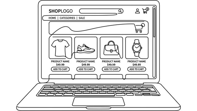 Continuous line drawing of a laptop showing an online store interface.