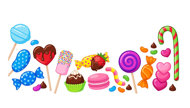Sweet candy and dessert vector collection. Lollipop, chocolate, cupcake, macaron, jelly bean, caramel and sprinkles on white background.