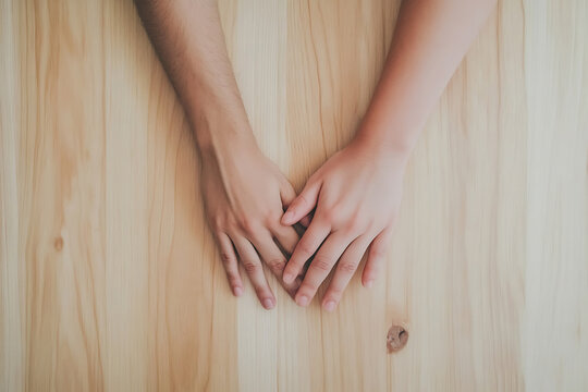Closeup of two hands resting on a wooden surface.