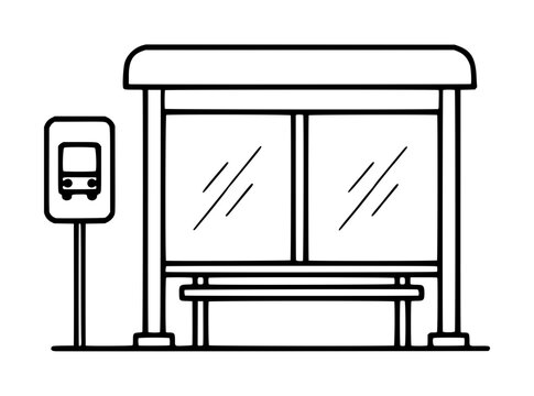 Hand-traced vector icon illustration of a city bus stop shelter featuring glass panels, a protective roof, an attached bench seating area, and a nearby bus timetable sign on a pole