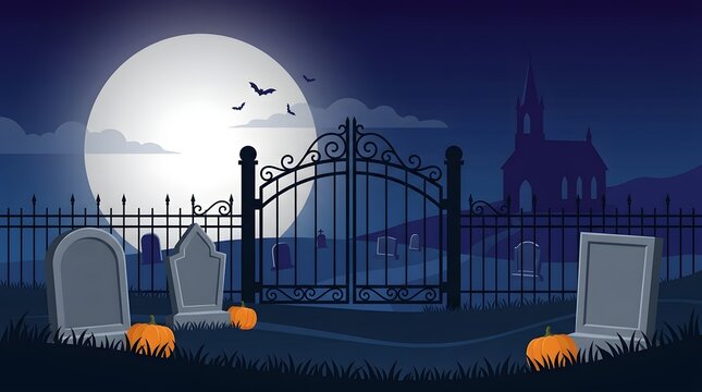 A spooky graveyard scene at night with a full moon and glowing pumpkins for a festive halloween holiday background design