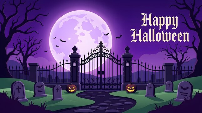 A spooky graveyard scene featuring a glowing full moon and iron gates for a festive and scary happy halloween background