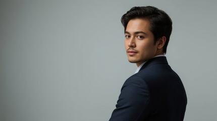 Obraz premium Asian man looking over shoulder in dark suit with confident expression