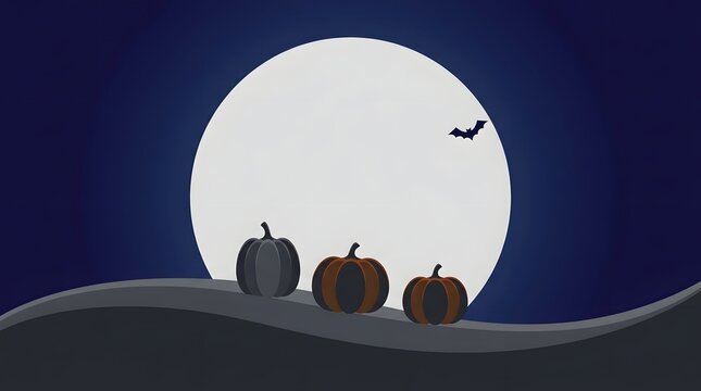A spooky halloween night scene featuring pumpkins silhouetted against a large bright full moon and a flying bat above them