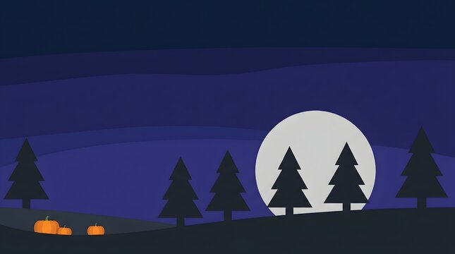 A spooky halloween night scene depicts a large bright moon illuminating silhouetted trees and two glowing pumpkins in the foreground creating a