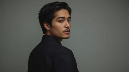 Fototapeta premium Asian man looking over shoulder with confident expression