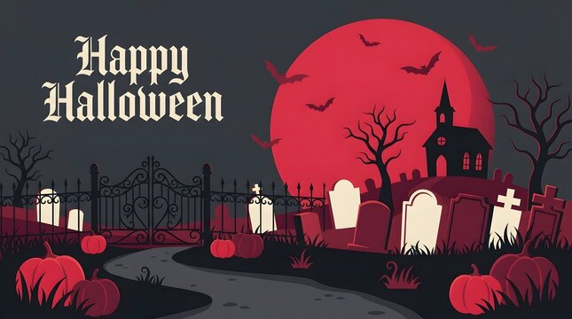 A spooky and atmospheric halloween scene unfolds with a blood red moon ghostly figures and a haunted castle silhouetted against the night