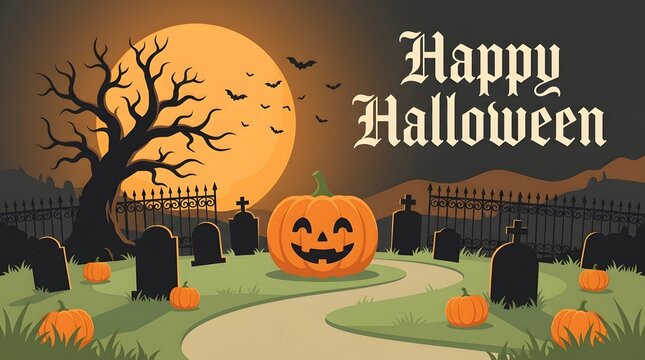 A spooky and delightful halloween scene with a jack o' lantern silhouetted trees and a full moon creates a festive and eerie