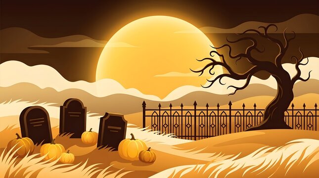 A spooky halloween night scene depicts a full moon rising over a graveyard with pumpkins and a dark silhouetted tree creating a