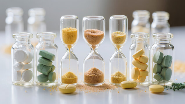 Glass bottles with pills and hourglasses filled with granules, highlighting dietary supplements, vitamins, health care, and timing
