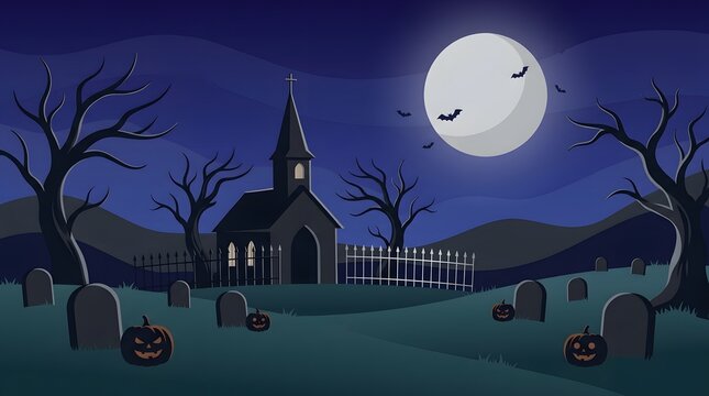 A spooky halloween night scene a dark castle silhouetted against a full moon bats flying and a creepy graveyard landscape creates a