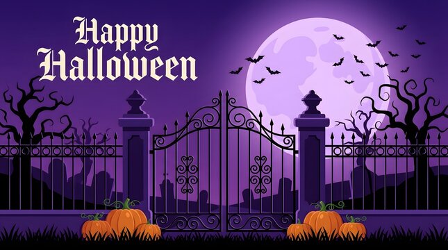 A spooky halloween night scene featuring a cemetery gate full moon silhouetted trees and jack o' lanterns creates a festive and eerie