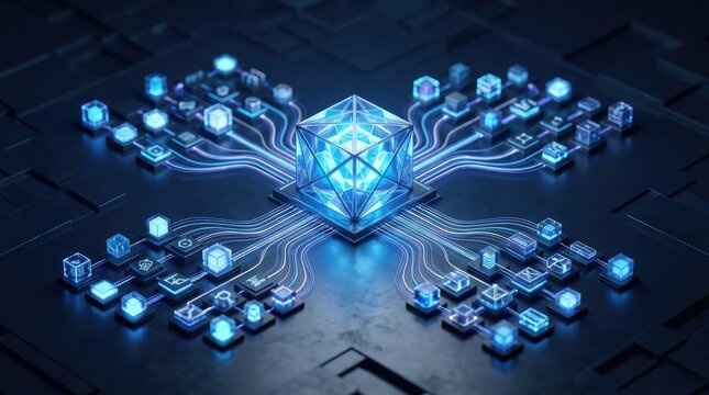 A futuristic digital central processing unit with glowing data connections and network nodes