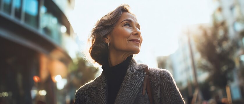 Woman enjoying a sunny day outdoors in city.