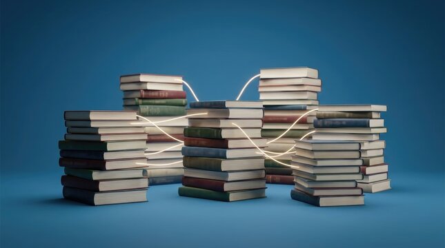 Stacks of old vintage books connected by glowing light lines representing knowledge transfer