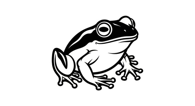 Black and white illustration of frog.