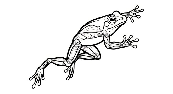 Black and white illustration of frog jumping.