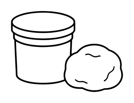 Hand-drawn vector illustration of a play dough tub with a soft squishy ball beside it, simple black outline clip art for crafts and kids activities