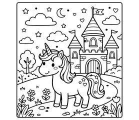 Fototapeta premium Adorable unicorn standing in front of a fairytale castle with clouds and stars